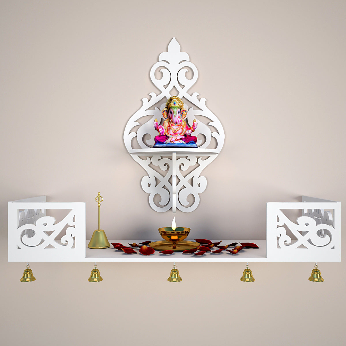 Beautiful Wall Hanging Wooden Temple/ Pooja Mandir Design with Shelf, White Color (DS002)