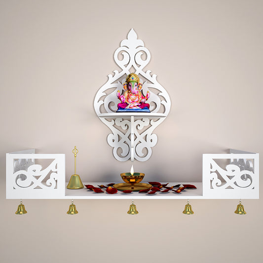 Beautiful Wall Hanging Wooden Temple/ Pooja Mandir Design with Shelf, White Color (DS002)