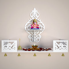 Beautiful Wall Hanging Wooden Temple/ Pooja Mandir Design with Shelf, White Color (DS002)