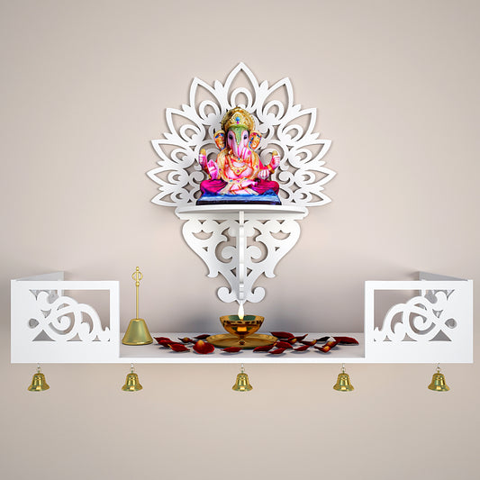 Beautiful Wall Hanging Wooden Temple/ Pooja Mandir Design with Shelf, White Color (DS010)