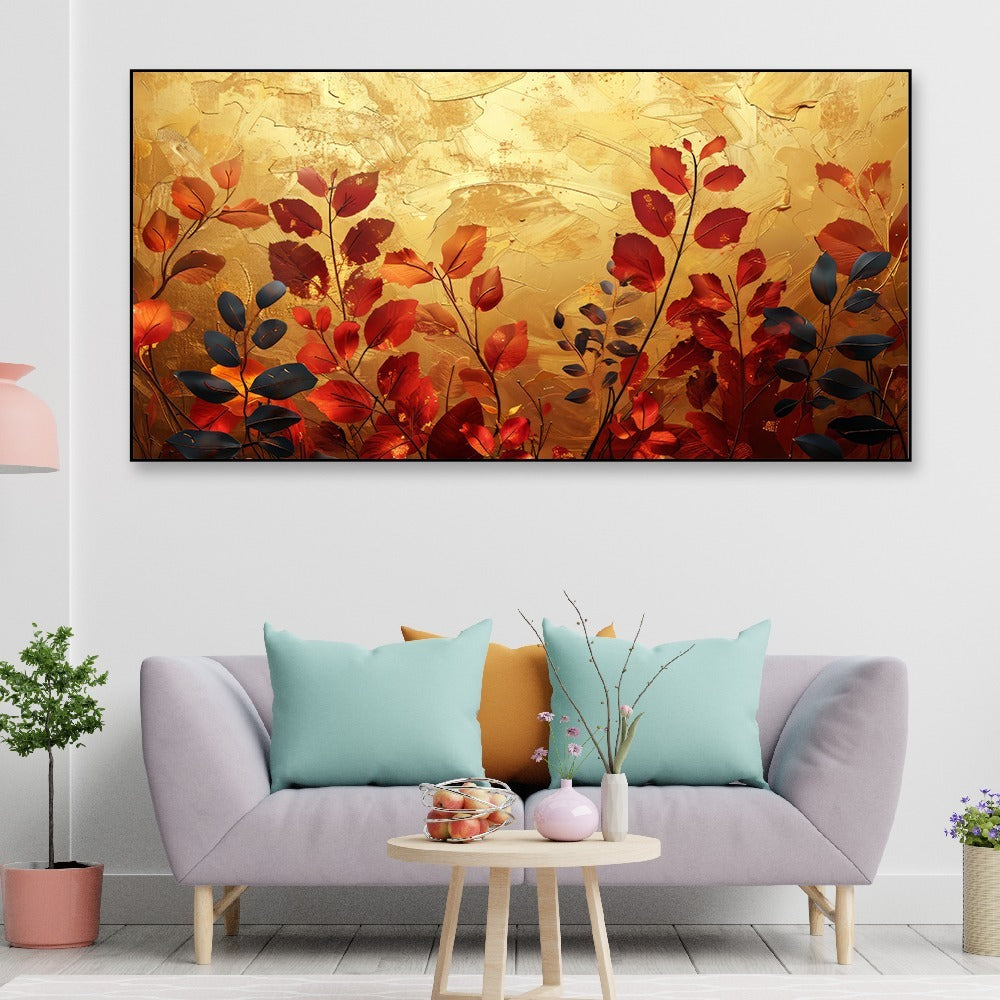 Multicolor Autumn Leaves On Golden Backgorund Canvas Wall Painting