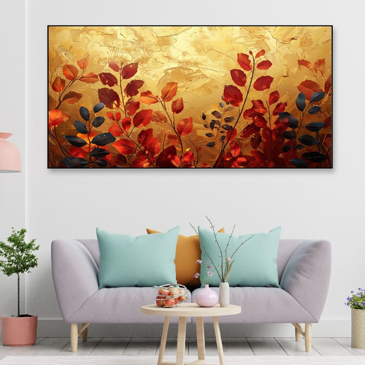 Multicolor Autumn Leaves On Golden Backgorund Canvas Wall Painting