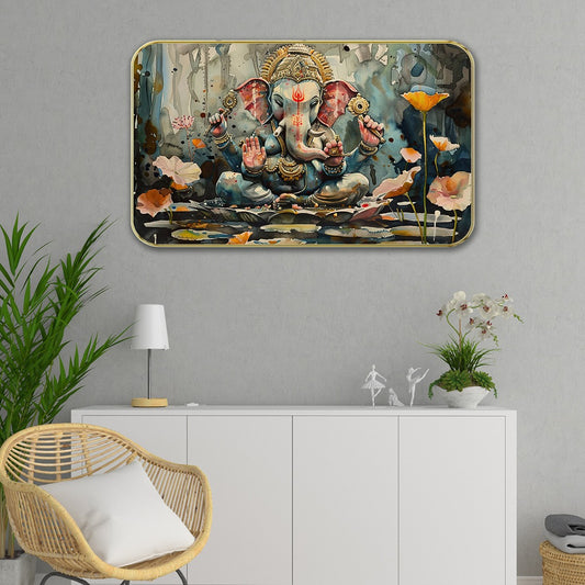 DEKORSTATION Premium Lord Ganesha Modern Art Wall Painting with Sparkle Lamination | Golden Slim Frame | Finished Surface | 11 x 14 Inch | Home, Office & Hotel Decor