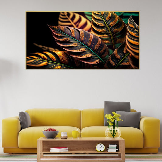 Tropical Leaves Gold and Black Canvas Wall Painting
