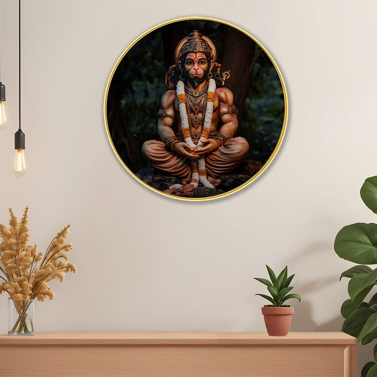 DEKORSTATION Premium Lord Hanuman Round Wall Art with Sparkle Lamination - Golden Slim Circular Frame Bajrangbali Painting for Living Room & Pooja Room - Finished Surface Spiritual Wall Decor, 12 x 12 Inch