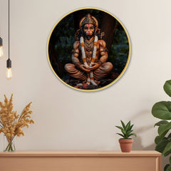 DEKORSTATION Premium Lord Hanuman Round Wall Art with Sparkle Lamination - Golden Slim Circular Frame Bajrangbali Painting for Living Room & Pooja Room - Finished Surface Spiritual Wall Decor, 12 x 12 Inch