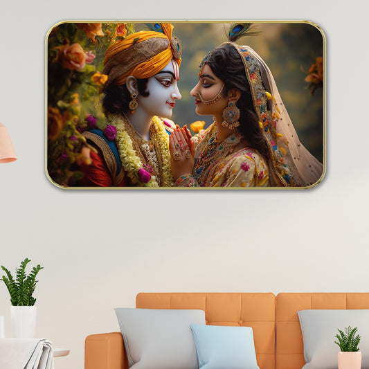 DEKORSTATION Premium Radha Krishna Divine Couple Round Wall Art with Sparkle Lamination - Golden Slim Circular Frame Devotional Painting for Living Room & Pooja Room - Finished Surface Spiritual Wall Decor, 11 x 14 Inch