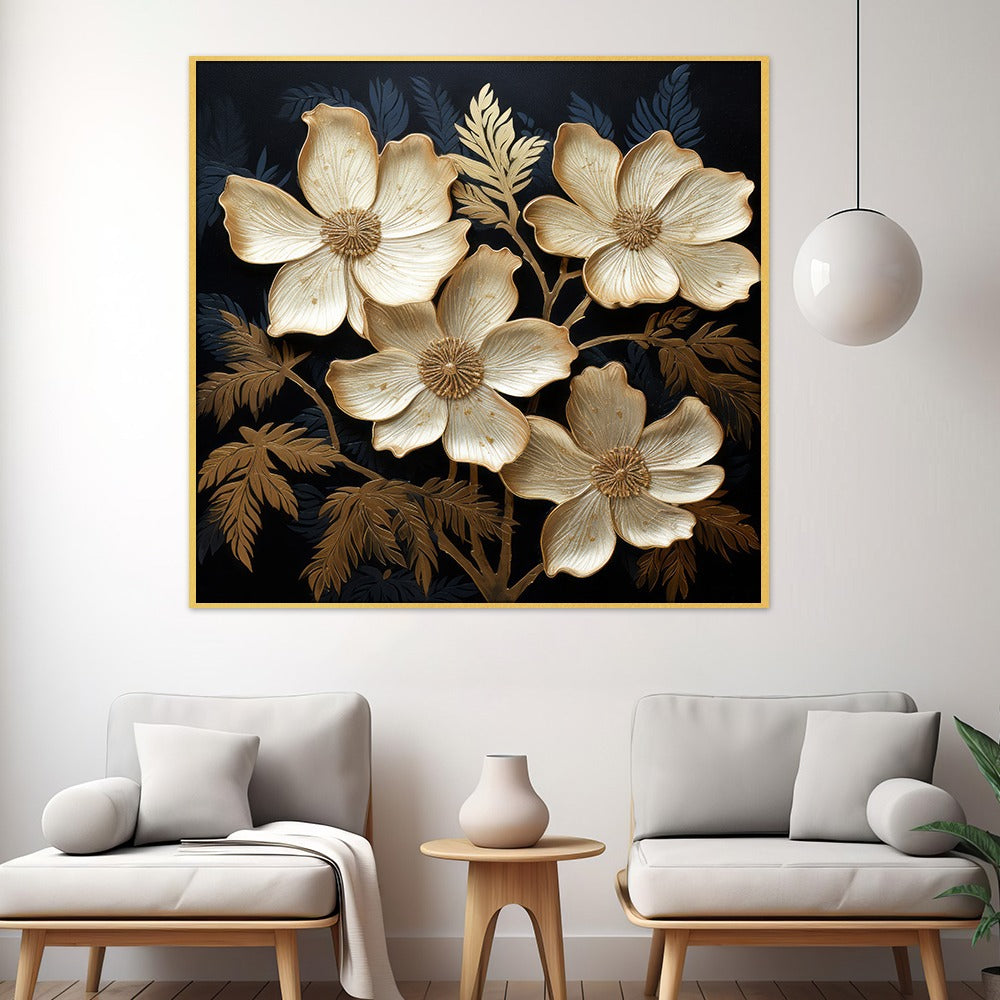 DEKORSTATION Luxury Golden Floral Canvas Wall Painting | Elegant Black Background Flower Wall Art Decor For Living Room | Bedroom | Office | Drawing room