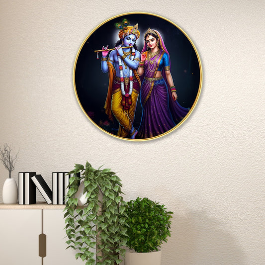 DEKORSTATION Premium Radha Krishna Playing Flute Round Wall Art with Sparkle Lamination - Golden Slim Circular Frame Devotional Painting for Living Room & Pooja Room - Finished Surface Spiritual Wall Decor, 12 x 12 Inch