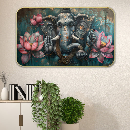 DEKORSTATION Premium Lord Ganesha Modern Art Wall Decor with Sparkle Lamination - Golden Slim Frame Ganpati Painting with Lotus for Living Room & Entrance - Finished Surface Spiritual Wall Hanging, 11 x 14 Inch
