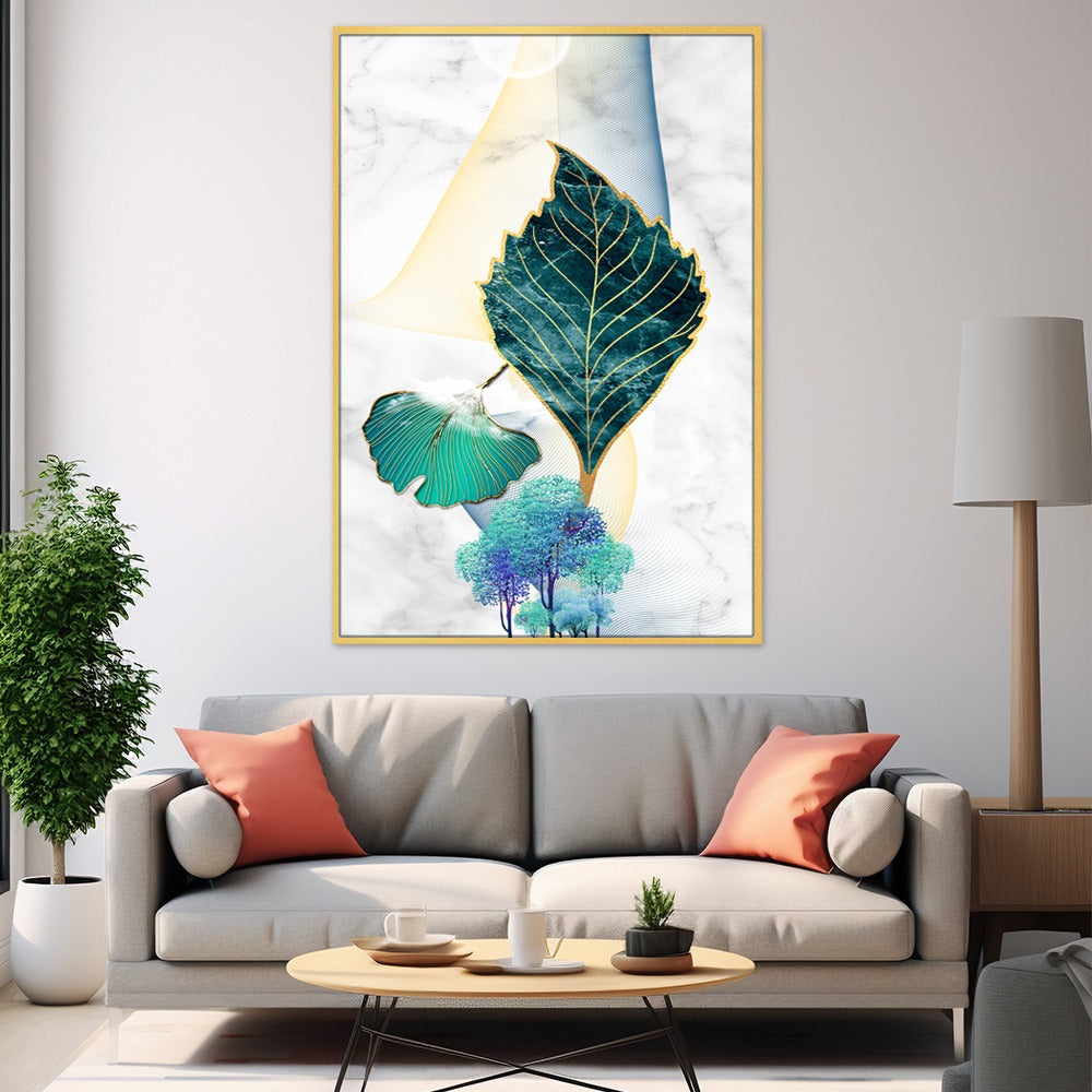 DEKORSTATION Abstract Teal Leaf Canvas Painting with Gold Foil Effect | Modern Wall Art for Living Room Bedroom Office | Marble Texture Background Home Decor