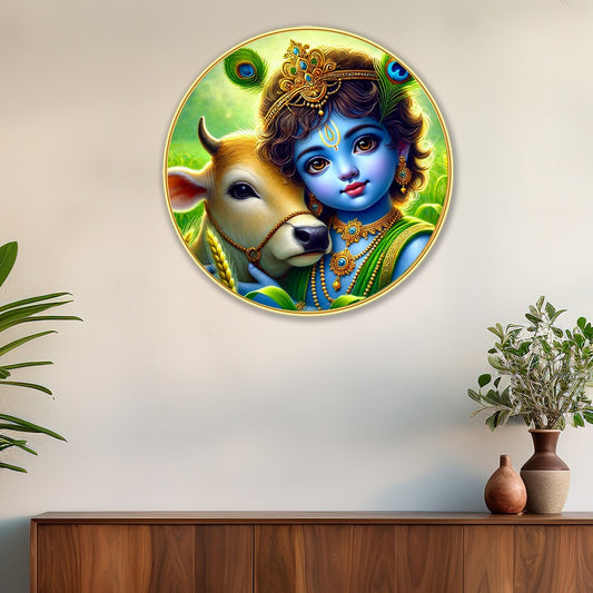 DEKORSTATION Premium Baby Krishna with Cow Round Wall Art with Sparkle Lamination - Golden Slim Circular Frame Bal Gopal Painting for Living Room & Pooja Room - Finished Surface Spiritual Wall Decor, 12 x 12 Inch