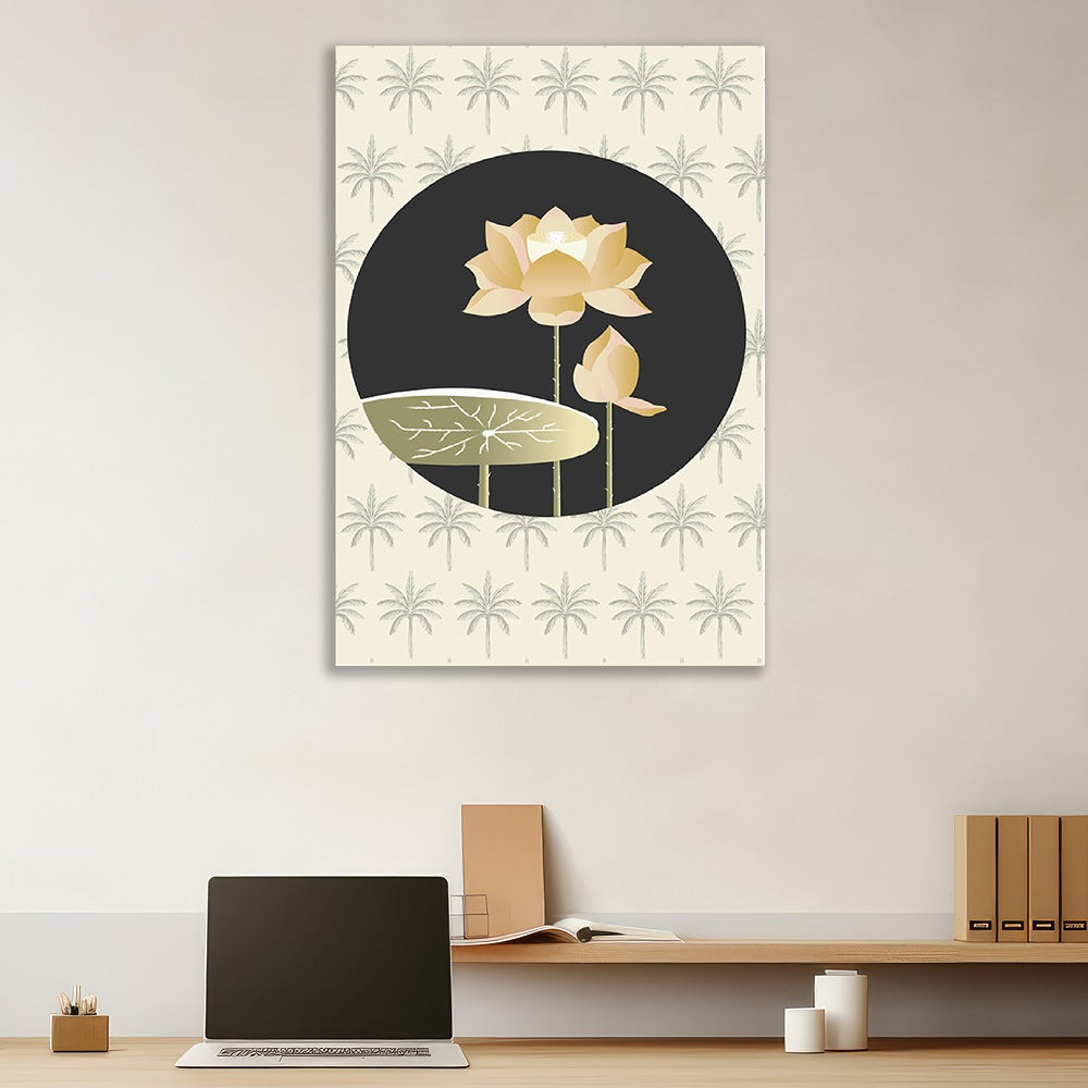 Lotus Flower Canvas Wall Painting Minimalist Botanical Canvas Painting with Palm Background, Modern Floral Artwork for Wall Decoration Elegant Modern Art Stretched Wall Paintings