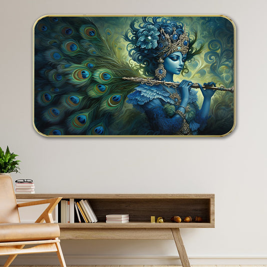 DEKORSTATION Premium Blue Lord Krishna with Peacock Feather Flute Modern Art - Sparkle Laminated Painting with Golden Slim Frame for Living Room & Office - Divine Mural Spiritual Wall Decor, 11 x 14 Inch