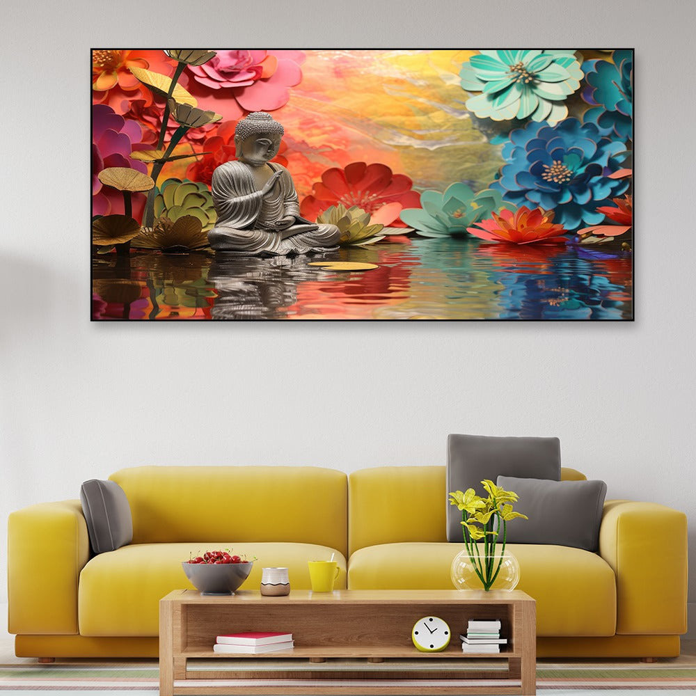 Meditating buddha statue sitting on lake with multicolor flower canvas painting