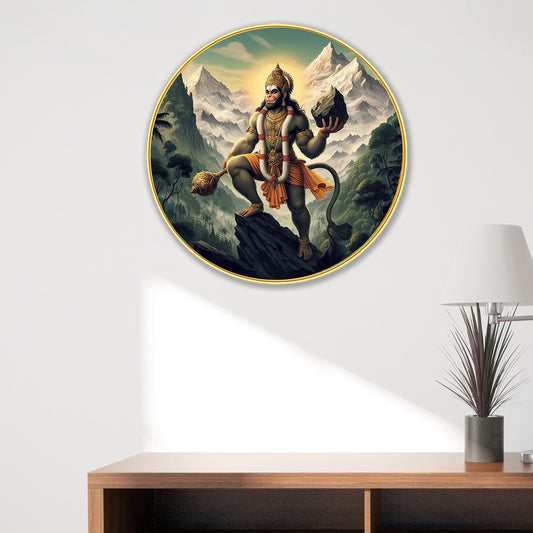 DEKORSTATION Premium Lord Hanuman Carrying Mountain Round Wall Art with Sparkle Lamination - Golden Slim Circular Frame Bajrangbali Painting for Living Room & Pooja Room - Finished Surface Spiritual Wall Decor, 12 x 12 Inch