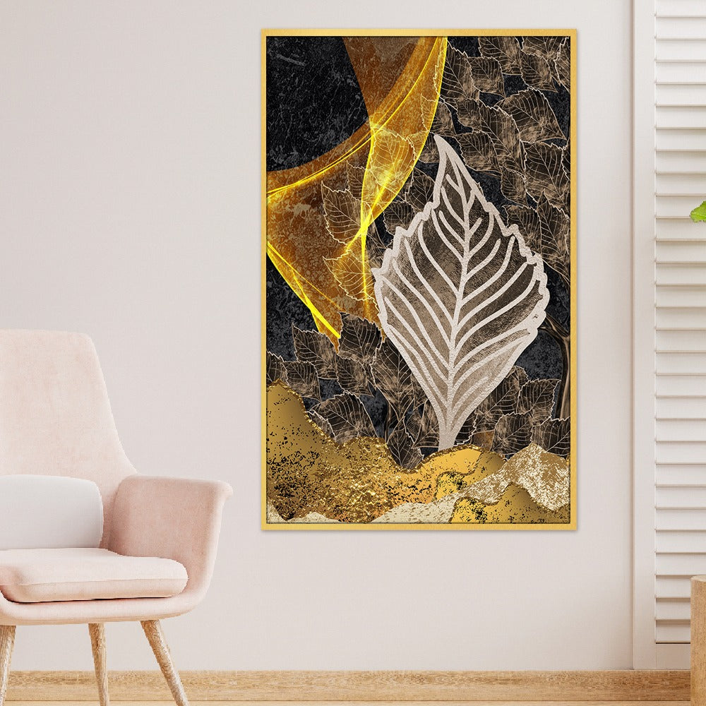 DEKORSTATION Abstract Golden Leaf Canvas Wall Painting | Modern Botanical Wall Art For Living Room | Bedroom | Office | Drawing room