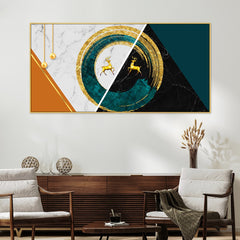 DEKORSTATION Luxury Golden Deer Abstract Circle Canvas Wall Painting Modern Marble Geometric Wall Art Decor For Living Room | Bedroom | Office | Drawing room