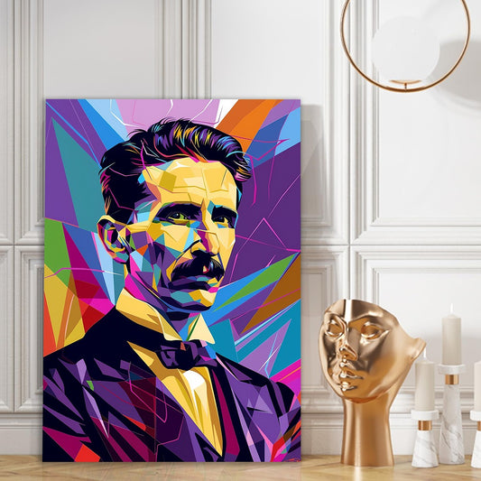 Nikola Tesla Canvas Painting Vibrant Abstract Portrait Canvas Painting of a Genius Inventor For Wall Decoration Elegant Beautifull Colourful Art Stretched Wall Paintings