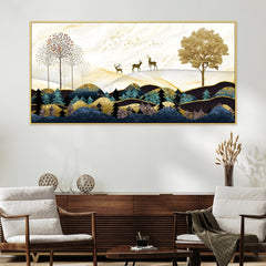 DEKORSTATION Vastu Deer Landscape Canvas Painting for Peace & Prosperity | Golden Mountain Forest Canvas Wall Art for Living Room | Bedroom | Office | Drawing room