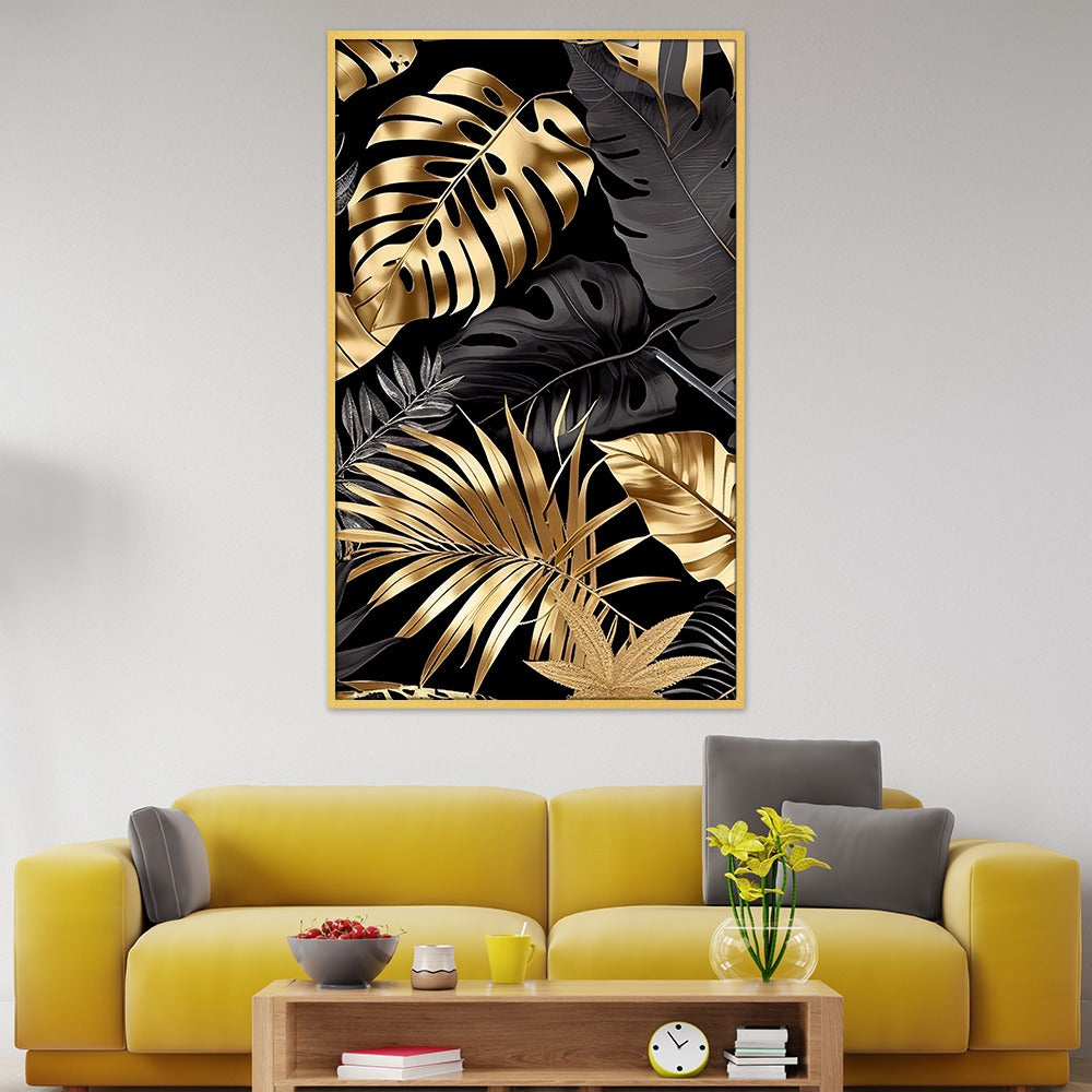 DEKORSTATION Luxury Black & Gold Tropical Leaves Canvas Wall Painting For Living Room | Bedroom | Office | Drawing room