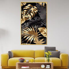 DEKORSTATION Luxury Black & Gold Tropical Leaves Canvas Wall Painting For Living Room | Bedroom | Office | Drawing room
