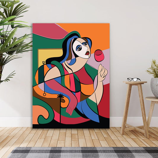 Woman with Wine Bold Abstract Modern Canvas Wall Painting in Picasso Inspired Style for Wall Decoration Elegant Modern Art Stretched Wall Paintings