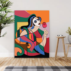 Woman with Wine Bold Abstract Modern Canvas Wall Painting in Picasso Inspired Style for Wall Decoration Elegant Modern Art Stretched Wall Paintings