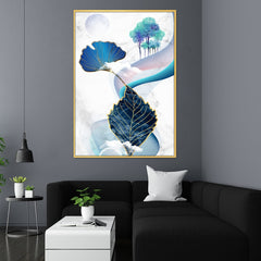 DEKORSTATION Abstract Blue & Gold Leaf Canvas Painting with Moon & Trees | Modern Wall Art for Living Room Bedroom Office | Luxury Nature Home Decor