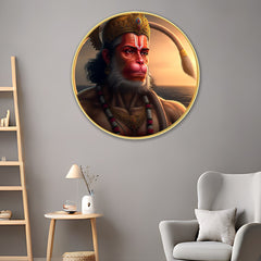 DEKORSTATION Premium Lord Hanuman Portrait Round Wall Art with Sparkle Lamination - Golden Slim Circular Frame Bajrangbali Painting for Living Room & Pooja Room - Finished Surface Devotional Decor, 12 x 12 Inch