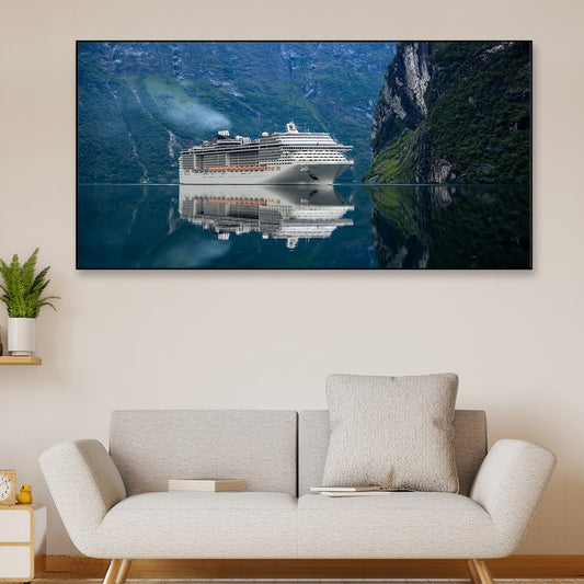 Beautiful Cruise Ship In Sea With Mountains Canvas Painting