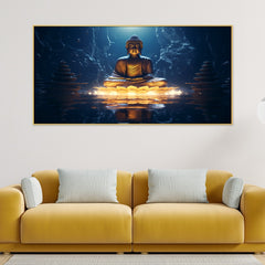 DEKORSTATION Vastu Golden Buddha Canvas Wall Painting | Spiritual Meditation buddha setting on lotus Wall Art for Peace & Positive Energy Canvas Painting For Living Room | Bedroom | Office | Drawing room