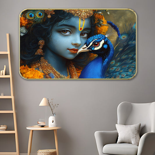 DEKORSTATION Premium Lord Krishna with Peacock Modern Art with Sparkle Lamination - Golden Slim Frame Devotional Painting for Living Room & Office - Finished Surface Spiritual Wall Decor, 11 x 14 Inch