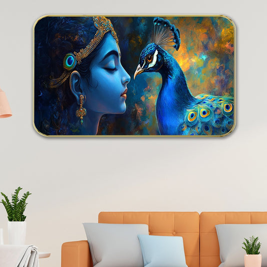 DEKORSTATION Premium Lord Krishna with Peacock Modern Wall Art with Sparkle Lamination - Golden Slim Frame Devotional Painting for Living Room & Bedroom - Finished Surface Spiritual Wall Decor, 11 x 14 Inch