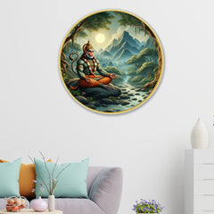 DEKORSTATION Premium Meditating Lord Hanuman Round Wall Art with Sparkle Lamination - Golden Slim Circular Frame Bajrangbali Painting for Living Room & Pooja Room - Finished Surface Devotional Decor, 12 x 12 Inch
