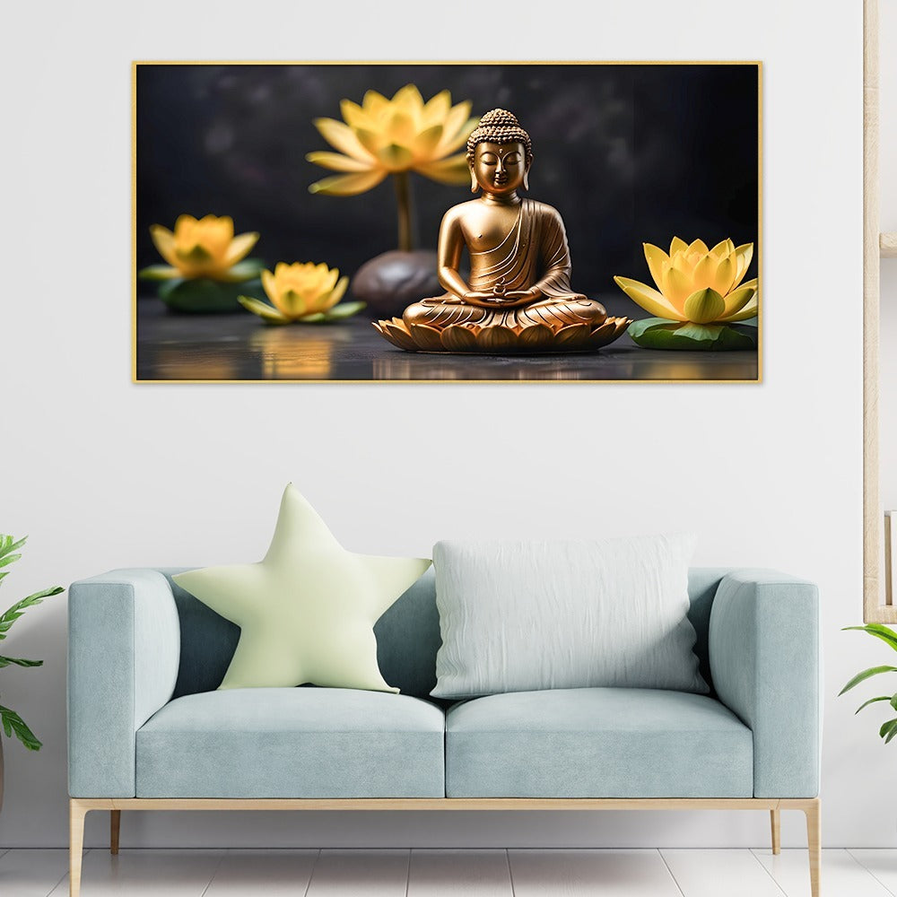 Meditating buddha with yellow lotus Canvas Wall Painting