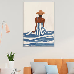 Canvas Painting Ocean Breeze Stylish Woman in Sun Hat on sea ??wave Canvas Art for Wall Decoration Elegant Little Girl Moder Art Stretched Wall Paintings