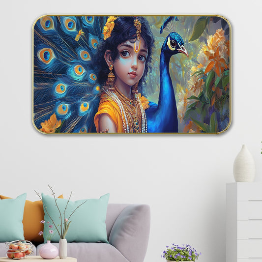 DEKORSTATION Premium Bal Krishna with Peacock Wall Art with Sparkle Lamination - Golden Slim Frame Devotional Painting for Living Room & Kids Room - Finished Surface Spiritual Wall Decor, 11 x 14 Inch