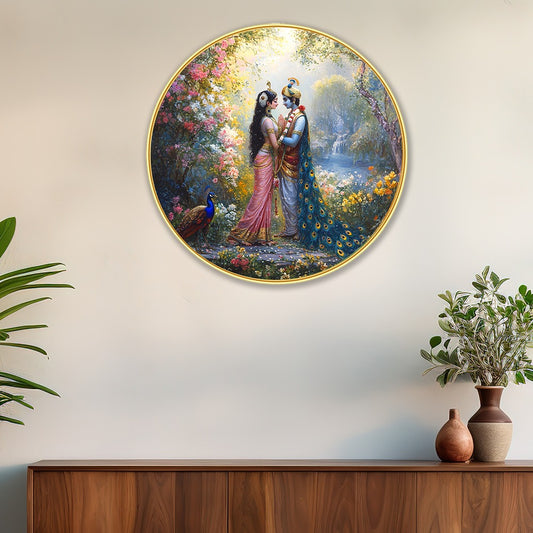 DEKORSTATION Luxury Radha Krishna Divine Love Wall Decor - Sparkle Finished Surface with Slim Golden Circular Frame Painting Premium Spiritual Art for Home, Office & Hotel - 12x12 Inch Round Religious Painting