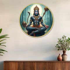 DEKORSTATION Premium Meditating Lord Hanuman Round Wall Art with Sparkle Lamination - Golden Slim Circular Frame Bajrangbali Painting for Living Room & Pooja Room - Finished Surface Spiritual Wall Decor, 12 x 12 Inch