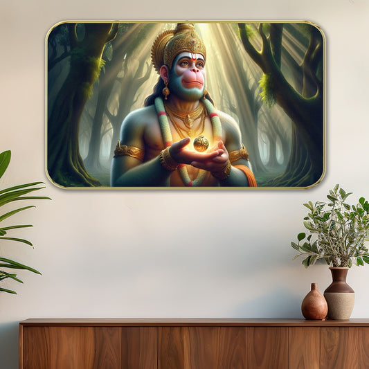 DEKORSTATION Premium Lord Hanuman Ji Devotional Wall Art with Sparkle Lamination - Golden Slim Frame Bajrangbali Painting with Sunbeams & Forest Background - Finished Surface Spiritual Wall Decor, 11 x 14 Inch