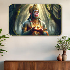 DEKORSTATION Premium Lord Hanuman Ji Devotional Wall Art with Sparkle Lamination - Golden Slim Frame Bajrangbali Painting with Sunbeams & Forest Background - Finished Surface Spiritual Wall Decor, 11 x 14 Inch