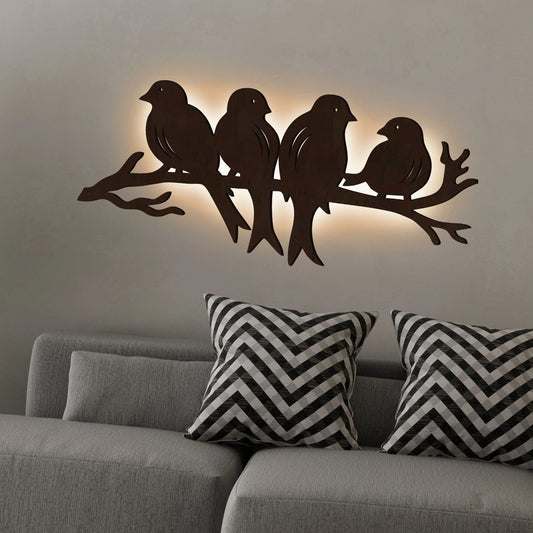 Wooden Laser Cut Birds on Branch Wall Decorative LED Backlit for Home and Office Décor