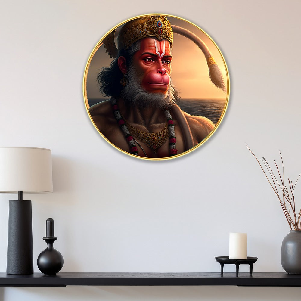 DEKORSTATION Premium Lord Hanuman Portrait Round Wall Art with Sparkle Lamination - Golden Slim Circular Frame Bajrangbali Painting for Living Room & Pooja Room - Finished Surface Devotional Decor, 12 x 12 Inch