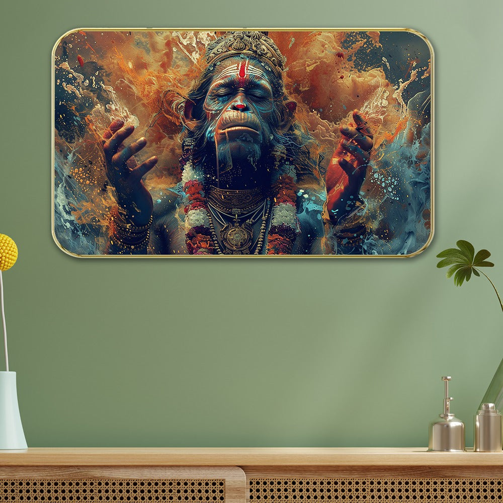 DEKORSTATION Premium Lord Hanuman JI Modern Wall Art with Sparkle Lamination Painting - Golden Slim Frame Bajrangbali Painting for Living Room & Pooja Room - Finished Surface Devotional Decor, 11 x 14 Inch