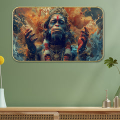 DEKORSTATION Premium Lord Hanuman JI Modern Wall Art with Sparkle Lamination Painting - Golden Slim Frame Bajrangbali Painting for Living Room & Pooja Room - Finished Surface Devotional Decor, 11 x 14 Inch