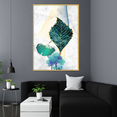 DEKORSTATION Abstract Teal Leaf Canvas Painting with Gold Foil Effect | Modern Wall Art for Living Room Bedroom Office | Marble Texture Background Home Decor