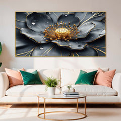 DEKORSTATION Luxury Black & Gold Floral Canvas Wall Painting | Modern Abstract Flower Wall Art Decor For Living Room | Bedroom | Office | Drawing room