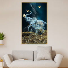 DEKORSTATION Royal Blue Elephant Family Canvas Wall Painting | Luxury Abstract Elephant with Gold Floral Art Decor For Living Room | Bedroom | Office | Drawing room