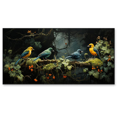 Beautiful Four Colorful Bird On The Branch Canvas Painting